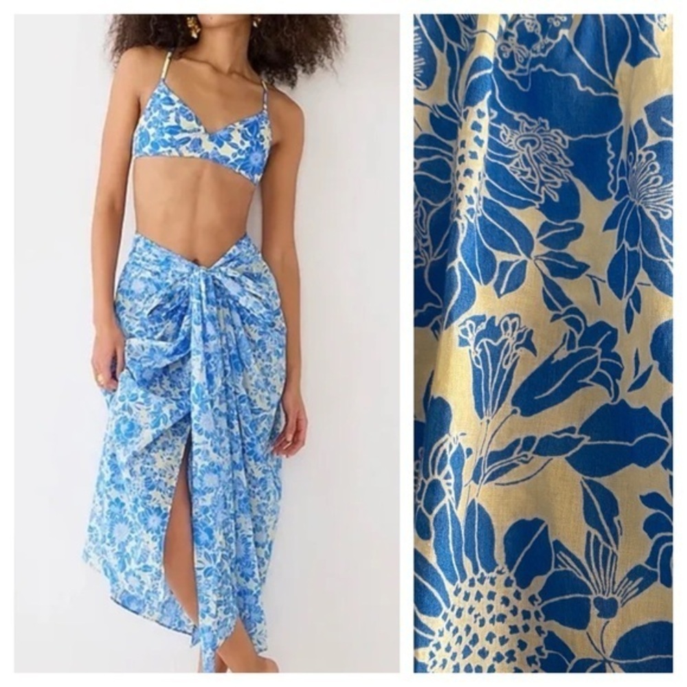 J. Crew Blue Floral Tie Front Swim Cover Up Sarong Skirt Small